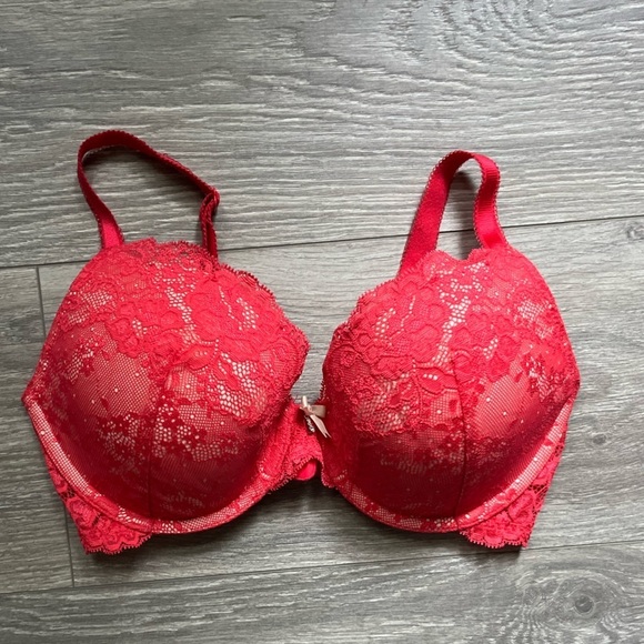 Victoria's Secret Other - Victoria’s Secret Bright Pink Bow Rhinestone Underwire Lace Bra 32DD (E)